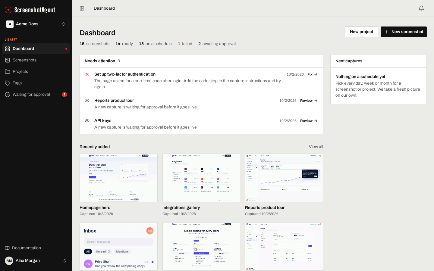 Close-up of the ScreenshotAgent dashboard: screenshot counts, captures that need attention or approval, and recently captured screenshots