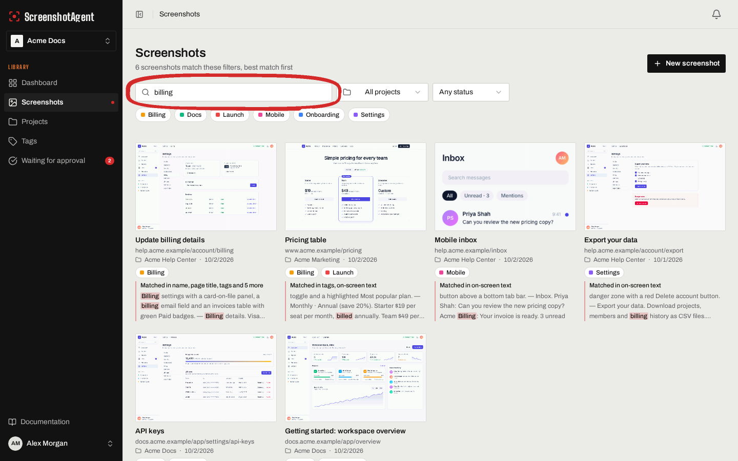 Close-up of the ScreenshotAgent screenshot library searched for "billing", with ranked results that show where each one matched and the matching on-screen text highlighted
