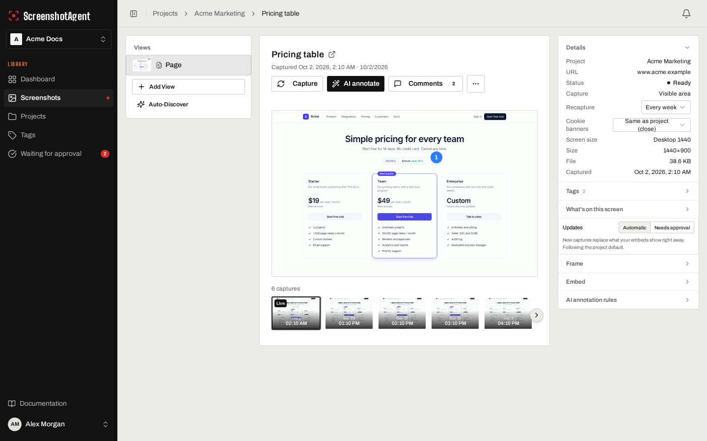 A ScreenshotAgent screenshot detail page with its version timeline, approval status, and comments