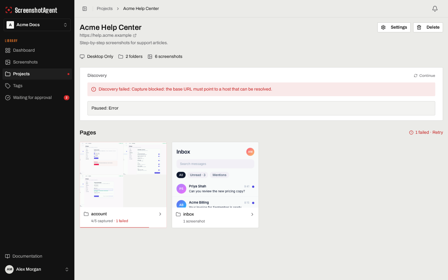 A ScreenshotAgent project page listing its screenshots with schedules, tags, and capture status